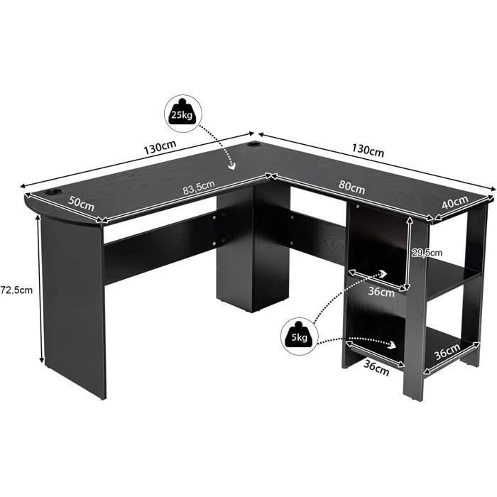 COSTWAY Bureau d'Angle en Forme de L - L 130 x P 130 x H 72,5 CM - Étagères - Panneaux de Particules - Contemporain - Noir-3