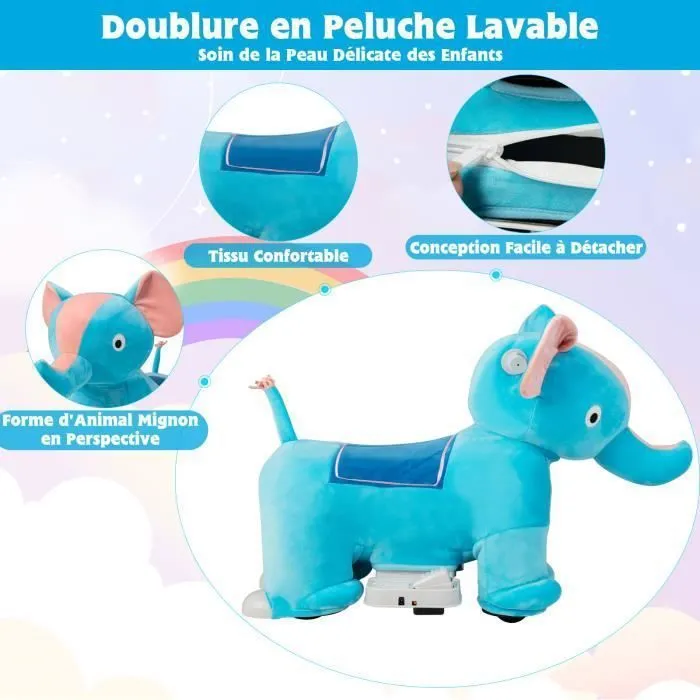 COSTWAY Voiture Electrique Enfant en Peluche Eléphant avec Musique, Pédale Latérale & Guidon Antidérapant, Charge 25KG, 3 Ans+-1