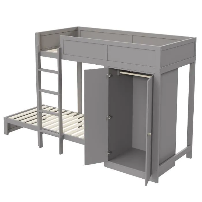 Lit superposé - Enfant - 90x200cm - Gris - Armoire intégrée - Escaliers de sécurité-2