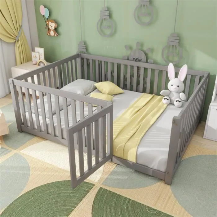 Lit évolutif bébé Lit d'enfant 140 x 200, fond en bois Cadre de lit avec barrière et porte, Gris-0