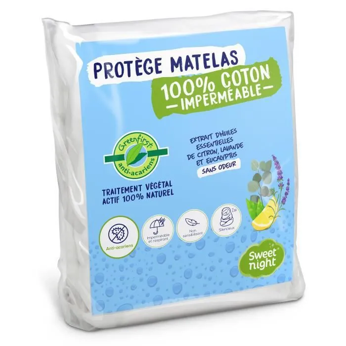 SWEET NIGHT Protège matelas imperméable anti-acariens traitement végétal Greenfirst - 2 x 80 x 200 cm - Blanc-0