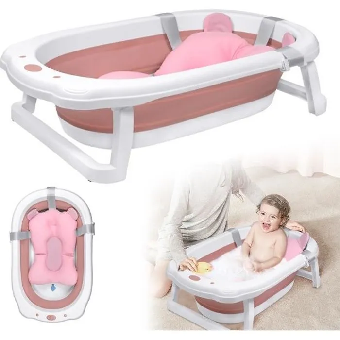 HENGMEI Baignoire pliable pour bébé avec coussin d'assise Siège de bain portable pour bébé Rose-0