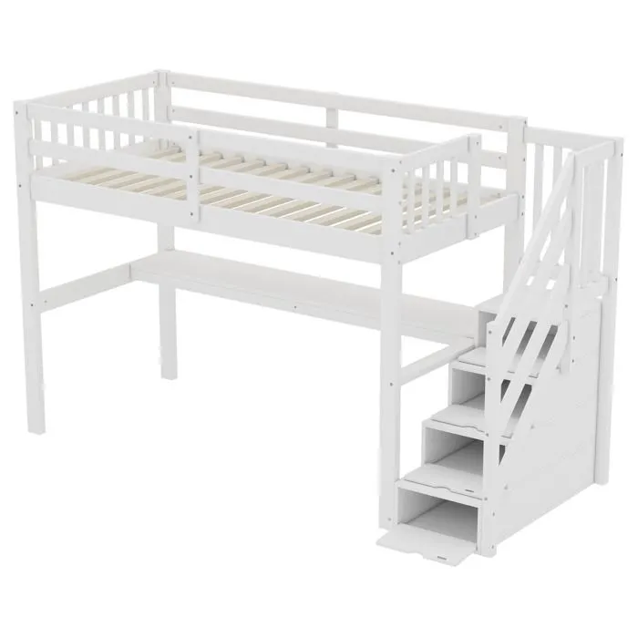 Lit mezzanine - Blanc - 90x200cm - Bureau intégré - Escalier avec rangement - 1 place-5