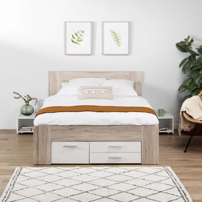 UDINE Lit adulte contemporain décor chêne cendré et blanc mat - l 140 x L 200 cm-1