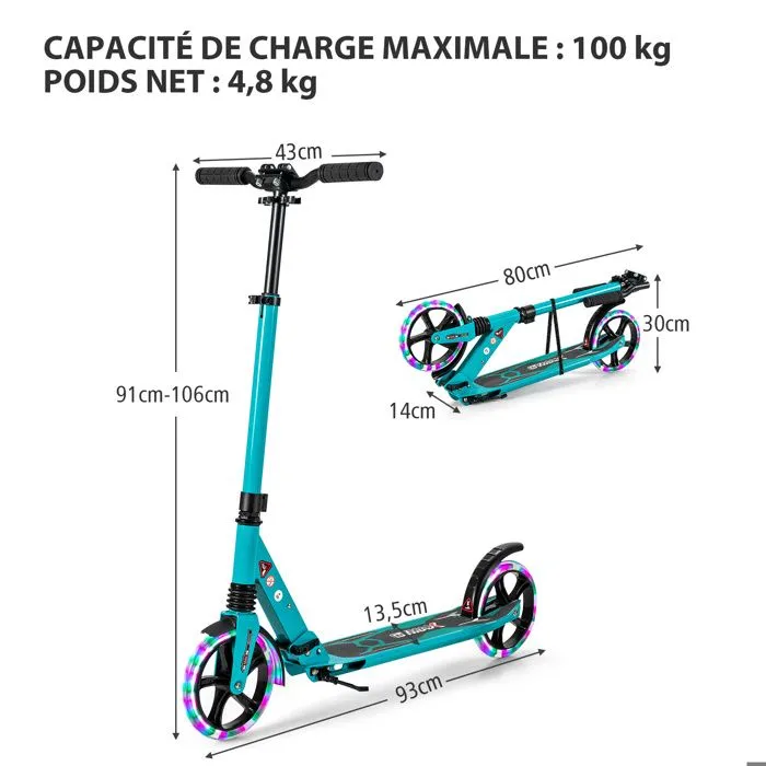 COSTWAY Trottinette Pliable pour Enfants 2 Roues Eclairée avec Barre en T 3 Hauteurs Réglables Plateau Antidérapant 100KG Vert-5