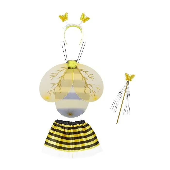 Costume d'abeille pour enfants - Relaxdays - Ailes, serre-tête, jupe & baguette magique - Noir-jaune-0