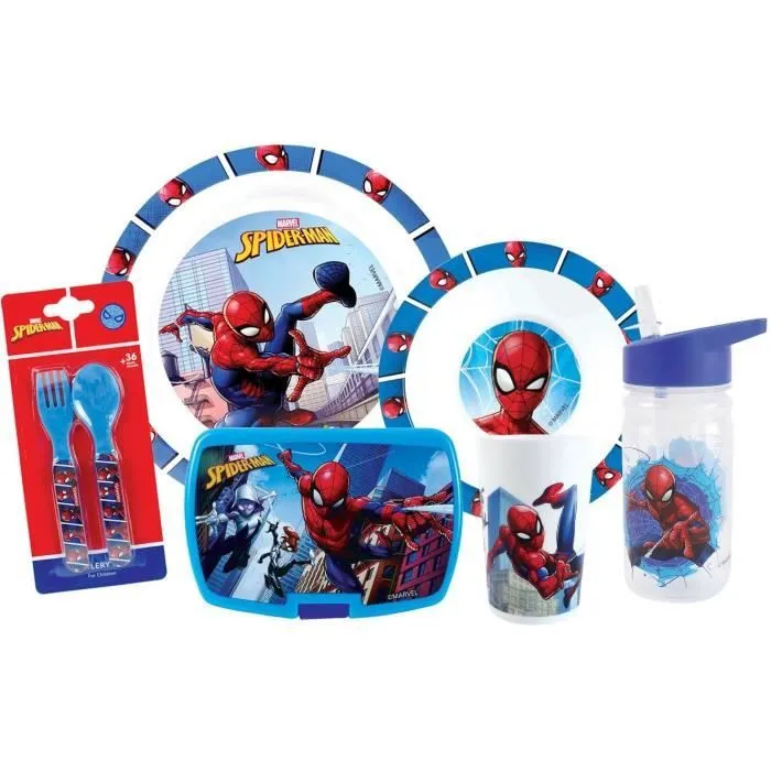 Lot vaisselle - FUN HOUSE - SPIDERMAN - Verre, assiette Ø22 cm et Ø16 cm, couverts, gourde et boite goûter-0