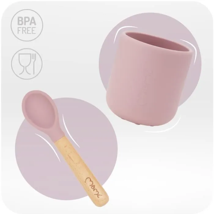 MoMi AMI - Set de vaisselle en silicone pour l’alimentation bébé - Sans BPA ni phtalates - Bois de hêtre – Rose-3