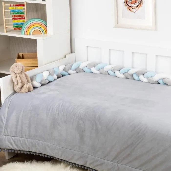 Tour de lit bebe 150 cm - tour de lit tresse bebe fille et les garçon coussin serpent bébé Bleu clair-blanc-gris-1