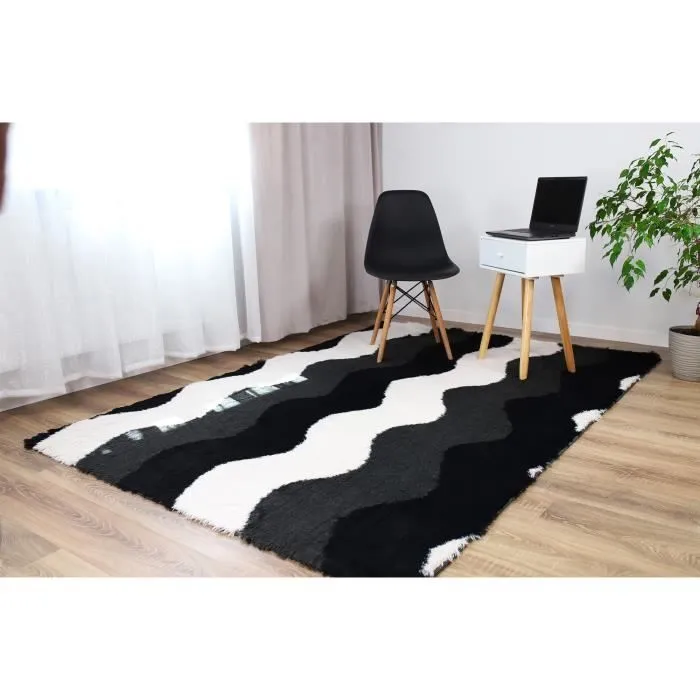 Tapis salon shaggy 120 x 160 cm - descente de lit chambre grande taille tapis poils longs moderne Vagues noires blanches grises-3