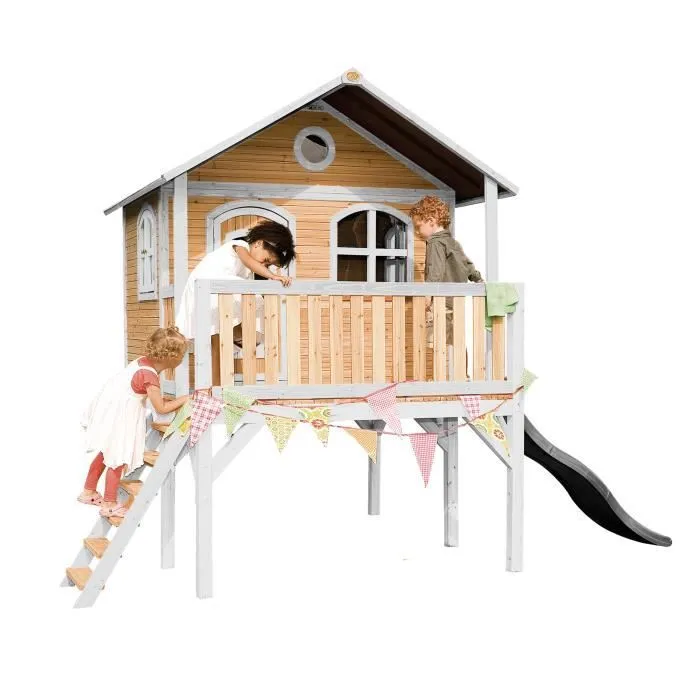 Maisonnette avec toboggan pour enfants - AXI - Sophie - Bois massif - Couleur Gris-0