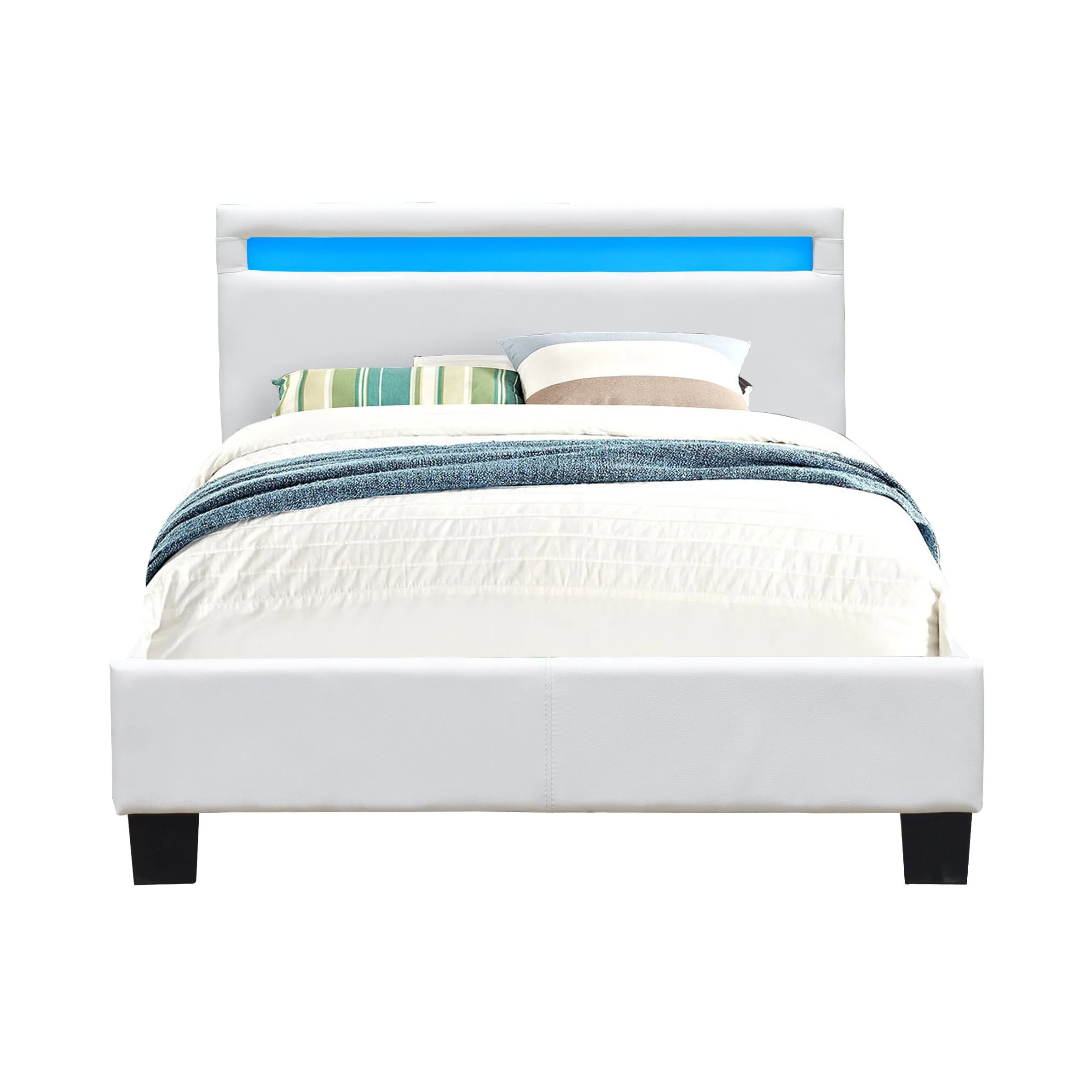 Lit simple en placage MDF massif - - Angel - Sommier lattes - Blanc - Tte de lit avec clairage LED-0