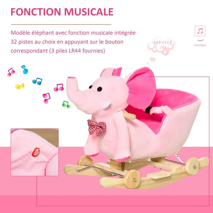 Cheval à Bascule jouet à bascule éléphant et porteur sur roulettes 2 en 1 fonction musicale 32 pistes ceinture sécurité rose-5