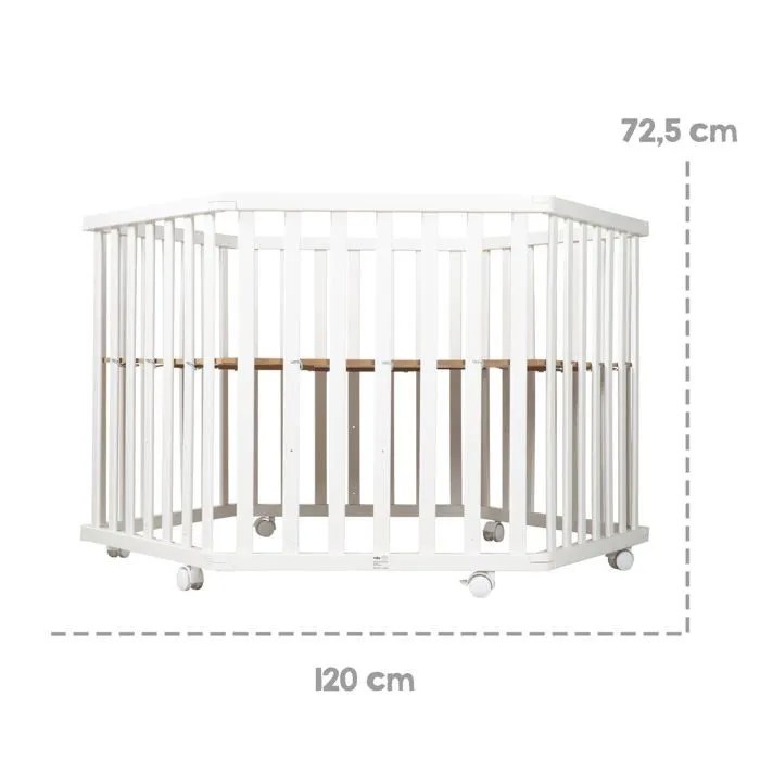 ROBA Parc Bébé Hexagonal en Bois miffy® + Tapis de Parc et Roulettes avec Freins - Base Ajustable en Hauteur - Blanc-2