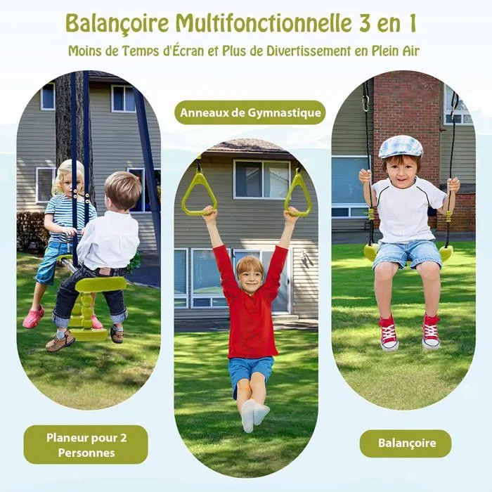 COSTWAY Portique avec Balançoire, 1 Face à Face et 2 Anneaux de Gymnastique en Métal Cadre en Forme de A Charge 200kg 3-10 Ans-4