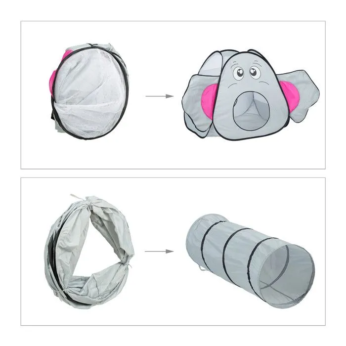 Relaxdays Tente pour enfants en forme d’éléphant, avec tunnel, HxLxP : 92 x 155 x 200 cm, intérieur et extérieur, grise-5