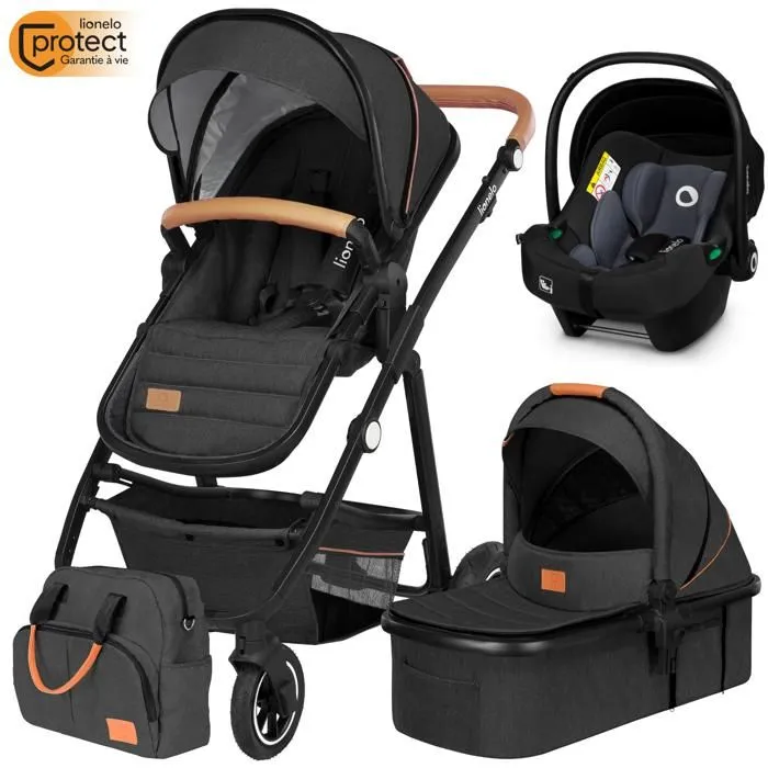 Poussette combinée 3en1 LIONELO Amber - Pack poussette canne, Nacelle, Siege auto, sac et accessoires - Gris foncé-5