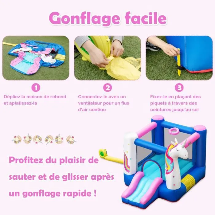 COSTWAY Château Gonflable pour Enfants avec Toboggan Panier de Basket Thème Licorne Housse de Transport Piquets sans Souffleur-1