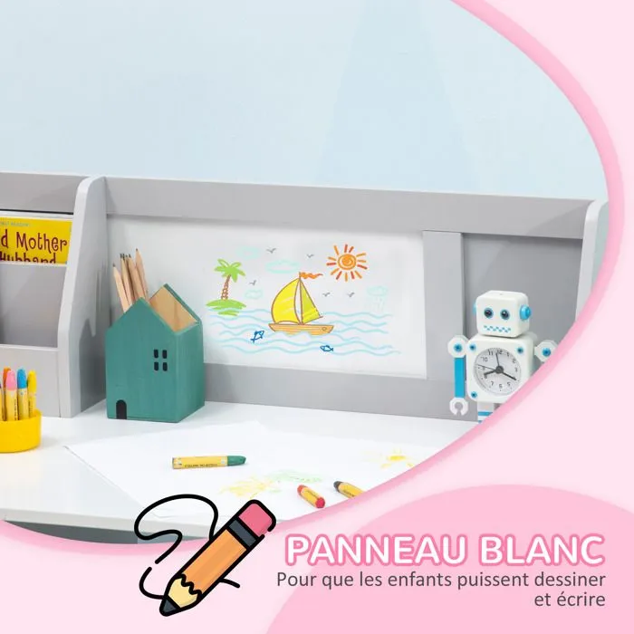 Ensemble table et chaise pour enfant - HOMCOM - avec tableau blanc - bureau pour enfant +5 ans 90L x 45l x 85H cm Gris-5