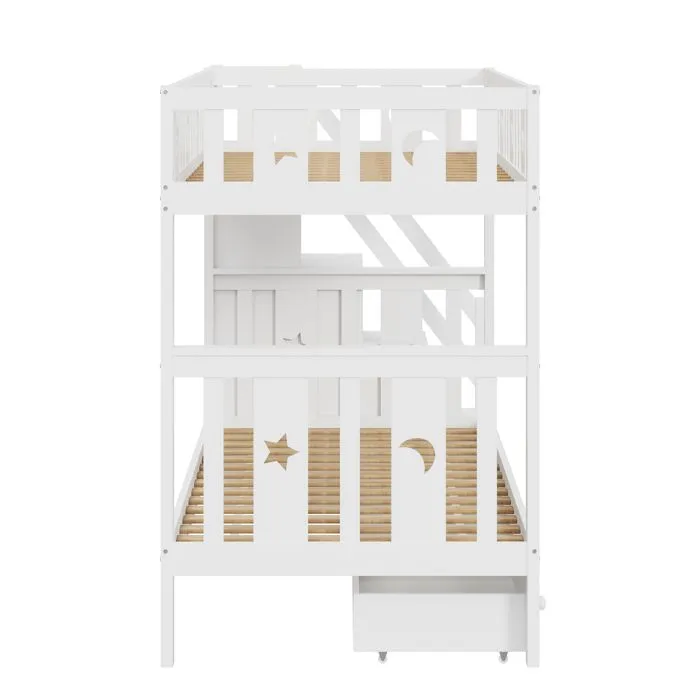 Lit superposé en bois massif  90x200 cm- avec escalier de sécurité - escalier de rangement - 2 tiroirs - sommier à lattes - blanc-4