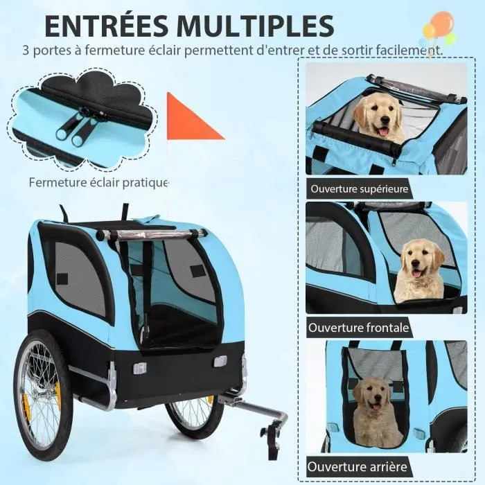 COSTWAY Remorque de Vélo pour Animaux de Compagnie jusqu'à 40 KG avec Roues de 50 cm et Toit Ouvrant pour Chiens/Chats, Bleu-2