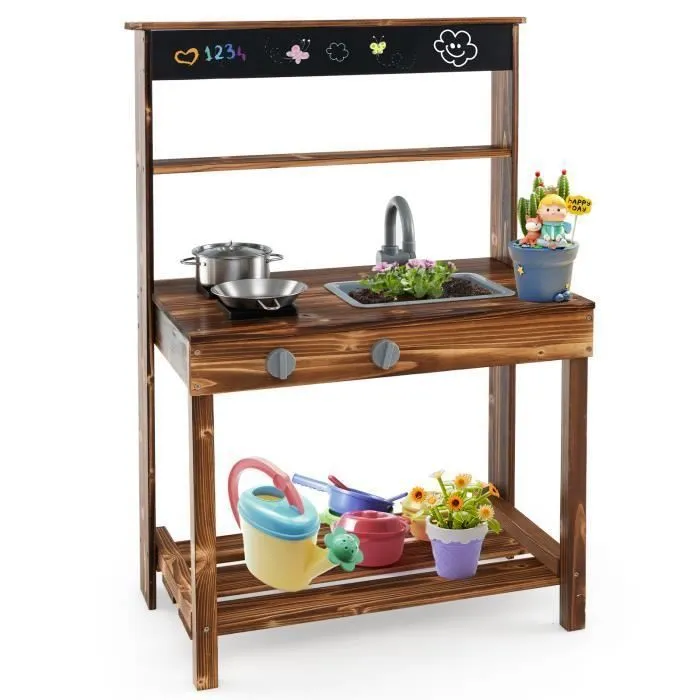 Cuisine Enfant Extérieure en Bois de Sapin - COSTWAY - 2 Accessoires - Robinet et évier réalistes-0