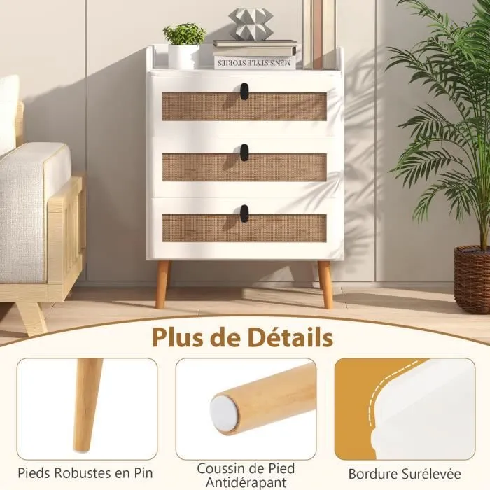 COSTWAY Table de Chevet avec 3 Tiroirs en Rotin, Table d'Appoint Contemporain, pour Chambre, Salon, 60 x 40 x 75 cm cm Blanc-2
