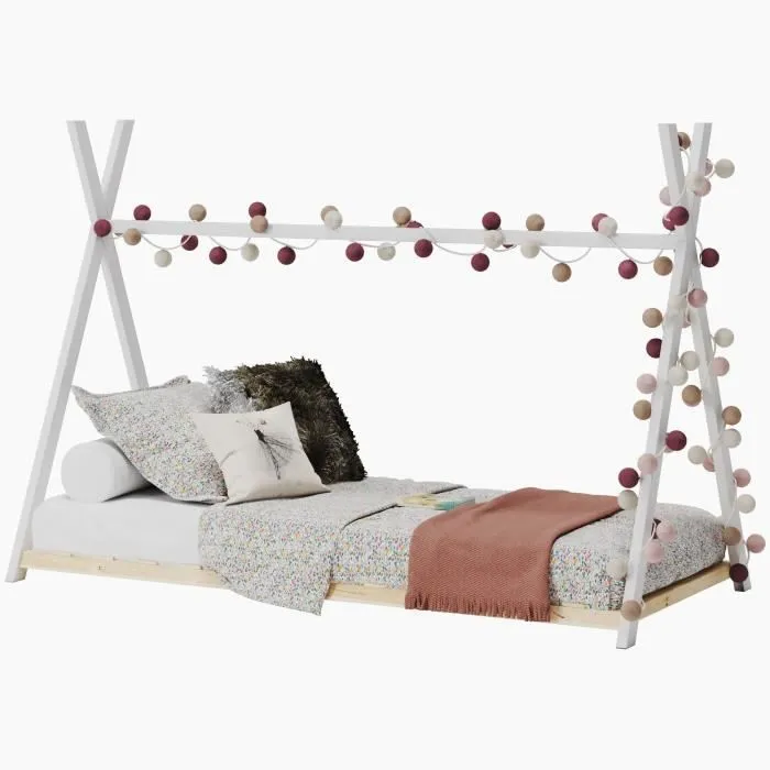 WEBER Lit cabane enfant Montessori- Pin massif - Blanc - Sommier inclus - 90x190 cm - Modèle SIOUX-0