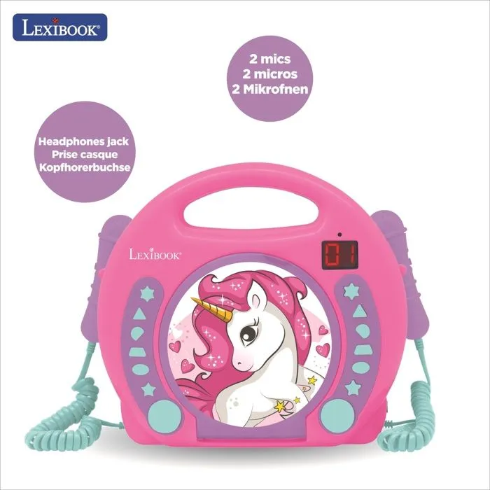 Lecteur CD portable avec 2 microphones coloris Licorne-1