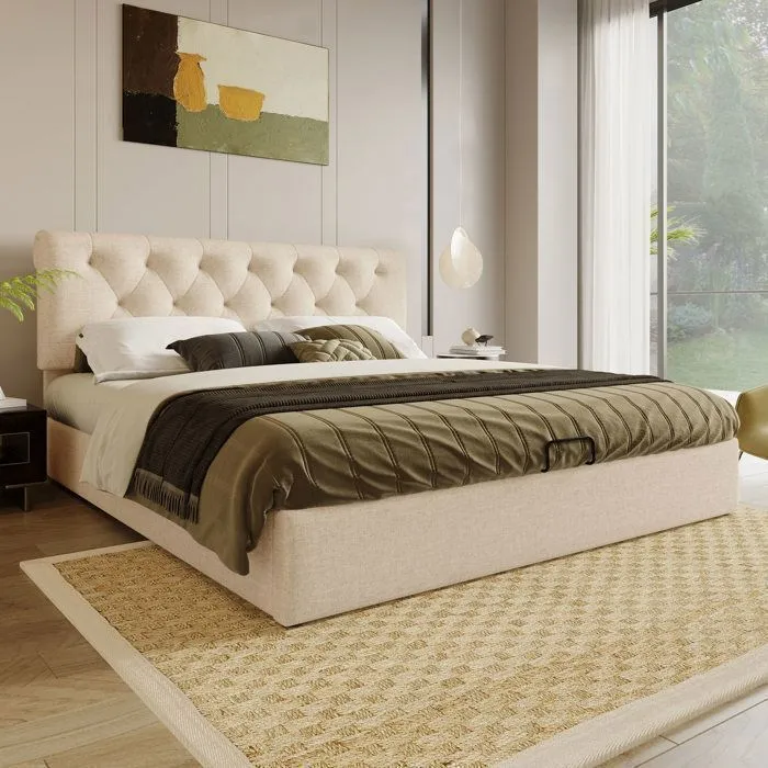 Lit coffre 140x200cm, avec sommier à lattes métalliques, Cadre de lit moderne avec espace de rangement, sans matelas, beige-2