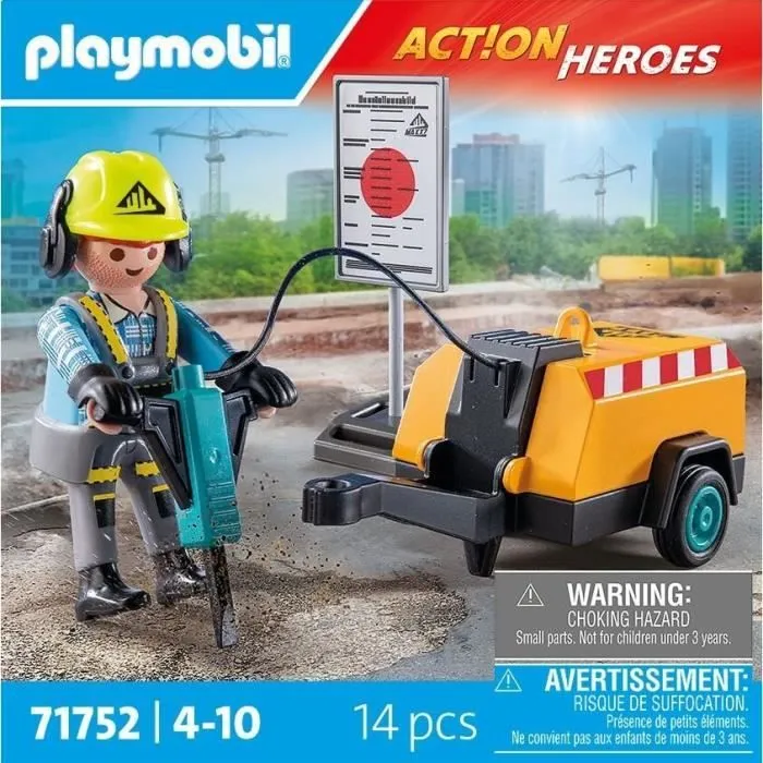 PLAYMOBIL 71752 Ouvrier marteau-piqueur et signalisation, Action Heroes, La construction, 14 pièces, Dès 4 ans-4