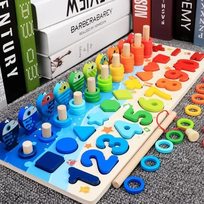Jeux d'apprentissage,Montessori jouets éducatifs en bois enfants planche occupée maths pêche enfants en - Type Six in one board #D-2