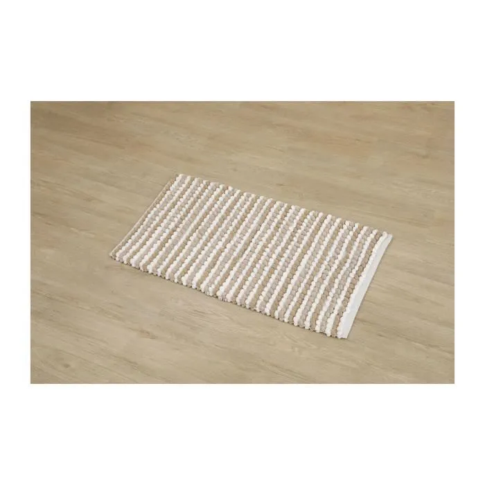 TENDANCE - Tapis de salle de bain Tricolore Blanc et Nuance de Beige en Polycoton Boules 50 x 90 cm Blanc Taupe-1