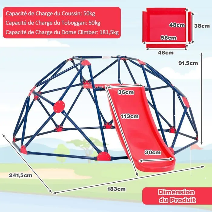 COSTWAY Dôme d'escalade avec Toboggan 241,5 x 183 x 91,5 CM, Cadre en Métal Robuste, Jouet Extérieure pour Enfants 3-10 Ans Rouge-3