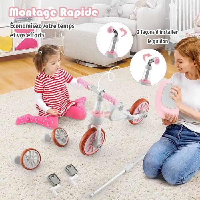 COSTWAY Tricycle Evolutif 5-en-1 avec Putter pour Enfants 2-4 Ans, Pédale et Roue Arrière Amovible, Siège et Poignée Réglables Rose-3