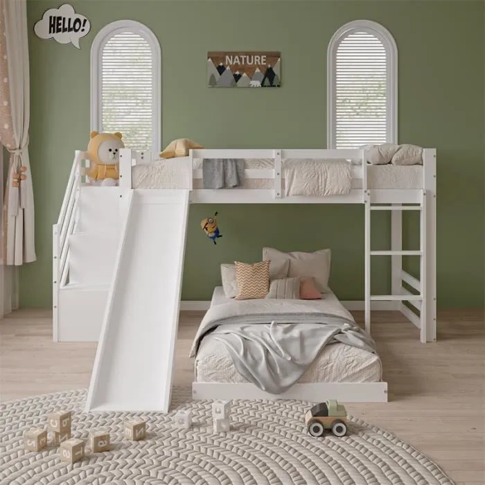 Lit superposé - Enfant - 90x200cm - Blanc - Échelle et toboggan - Bois massif-2