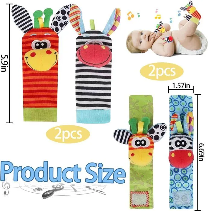 Hochets Pour Bébé Jouet Poignet Et Chaussettes, 4 Pièces Hochet Jouets, Hochet Main Et Pied Pour Bebe, Souple Poignet De Bel[u524]-3