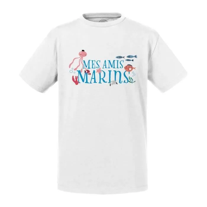 T-shirt Enfant Blanc Mes Amis Marins Animaux Aquatique Dessin Illustration-0