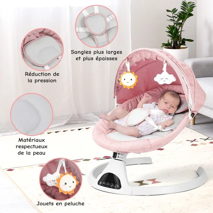 Balancelle bébé, Transat électrique avec télécommande, 5 amplitudes de balançoire et musique Bluetooth, Rose-1