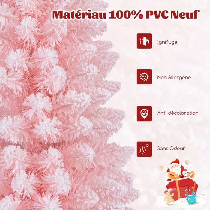 Sapin de Noël Artificiel Rose 150cm COSTWAY, Arbre de Noël Floqué de Neige, 328 Branches, Support en Métal Pliable, Forme de Crayon-1
