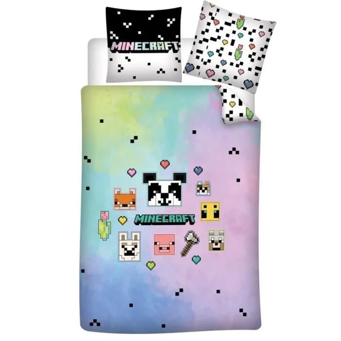 Minecraft Faces - Parure de Lit Enfant, Housse de couette 140x200 cm, une Taie d’oreiller 63x63 cm-0