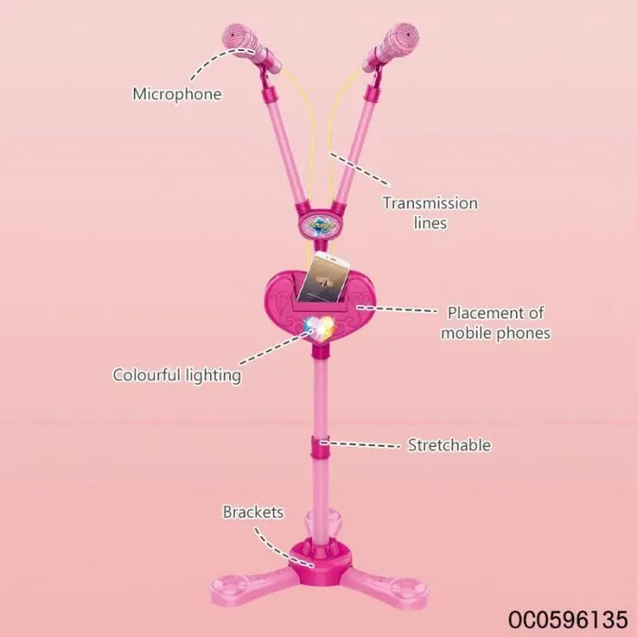 Micro Enfant sur Pied Karaoké Enfants , karaoké microphone bluetooth Avec effet d'éclairage musical, avec deux microphones rose 3-3