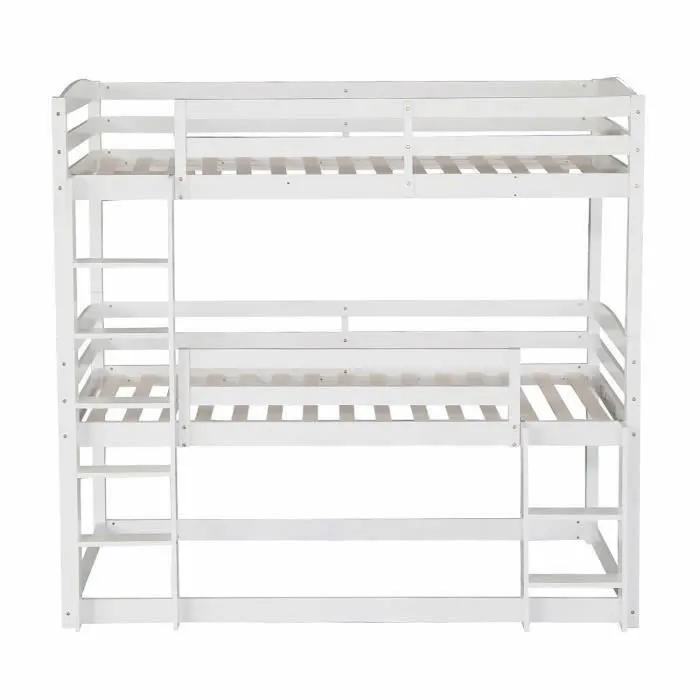 Lit superposé triples 3 x ( 90x200) cm  en bois - sommier lattes - blanc-2