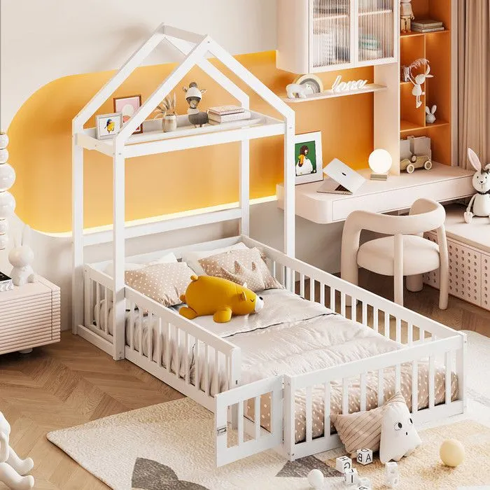 MODERNLUXE Lit enfant 90x200cm, Lit cabane cadre de en bois massif avec espace de rangement, blanc-0