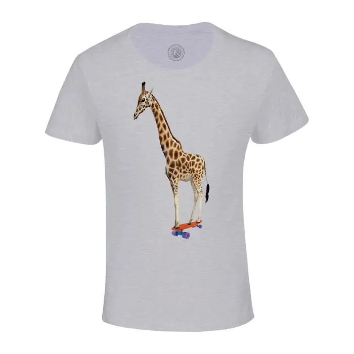 T-shirt Enfant Gris Skate Girafe Collage Vintage Illustration Art Humour Parody Animal-0