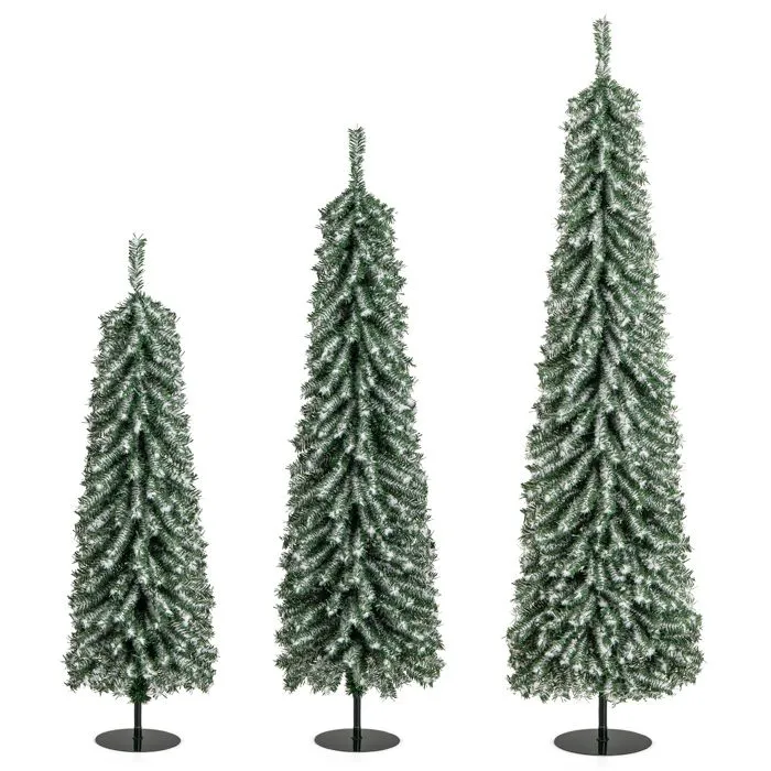 Lot de 3 Sapins de Noël Artificiels COSTWAY-120+150+180 cm-Support Pied-100+120+180 LED-Fausse Neige-216+302+505 Branches-Vert-0