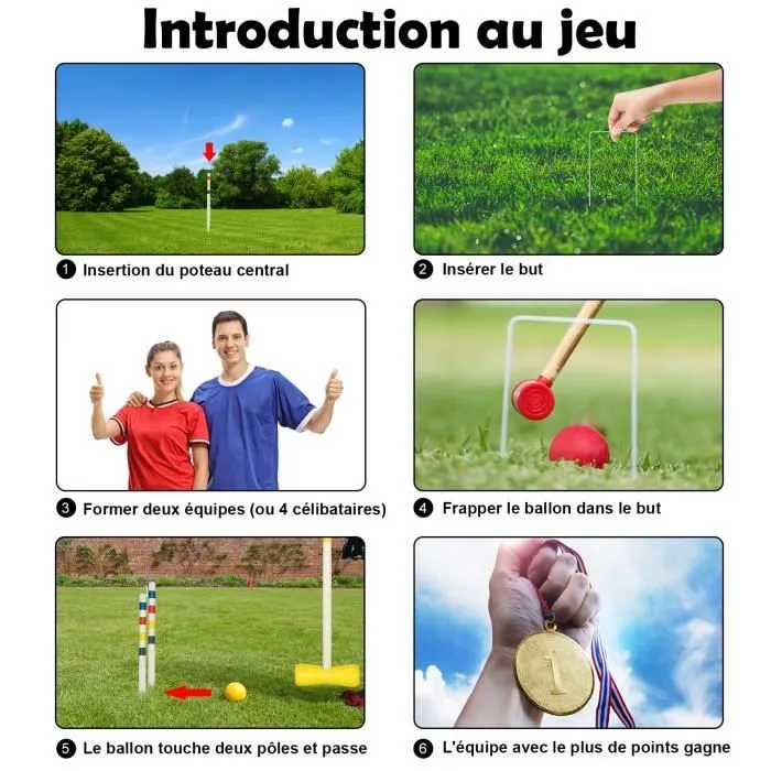Ensemble de croquet - LZQ - 4 joueurs - Maillets en bois - Boules colorées - Facile à installer-1