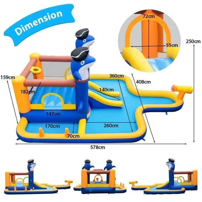 COSTWAY Château Gonflable 7 en 1-Parc Toboggan Aquatique pour Enfants, avec Piscine et Canon à Eau, Jeu de Boxe, 578 x 408 x 250 cm-3