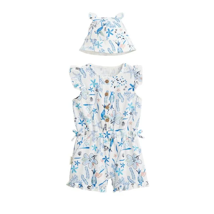 Combishort bébé + chapeau en gaze de coton Océan d'amour-0