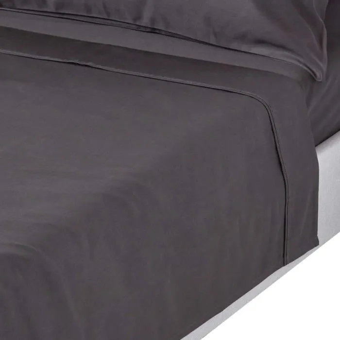 Drap plat uni 100% satin de coton égyptien 1000 fils coloris Gris foncé 275 x 275 cm-0